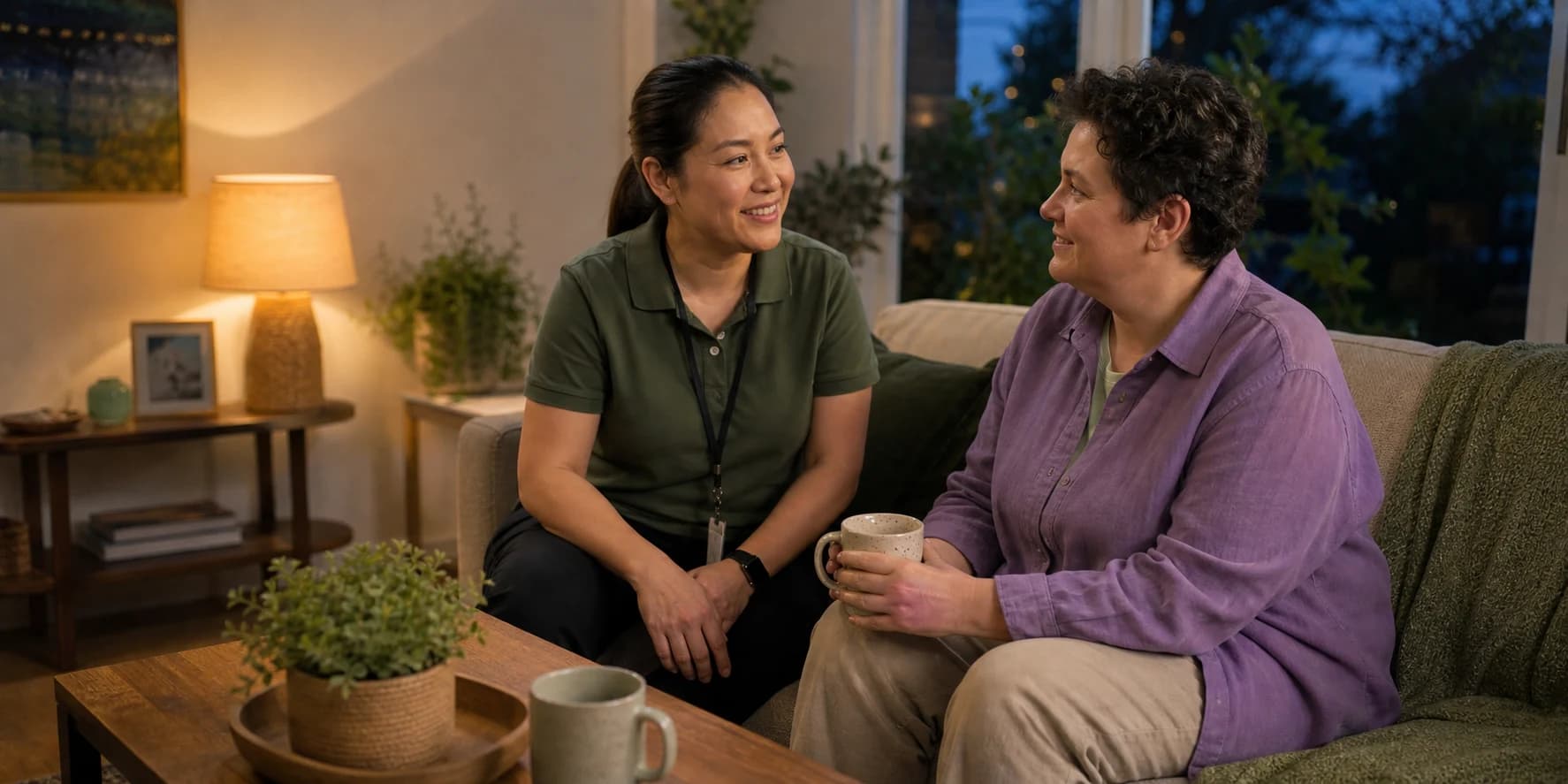 A support worker and participant talking in a warm living room at night